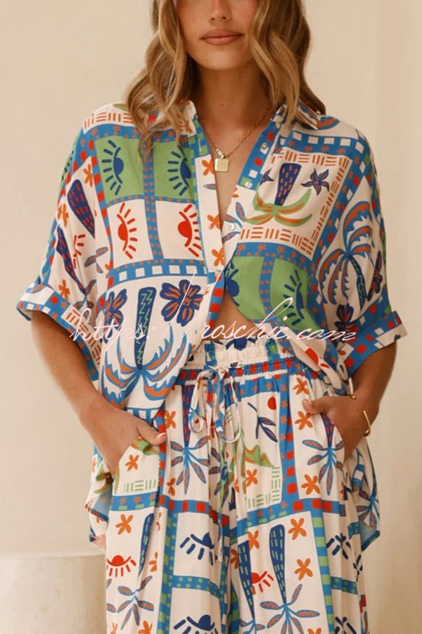 Unique Print Lapel Short Sleeve Loose Shirt and Elastic Waist Pocket Wide Leg Pants Set