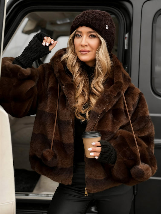 Hooded Drawstring Plush Ball Coat