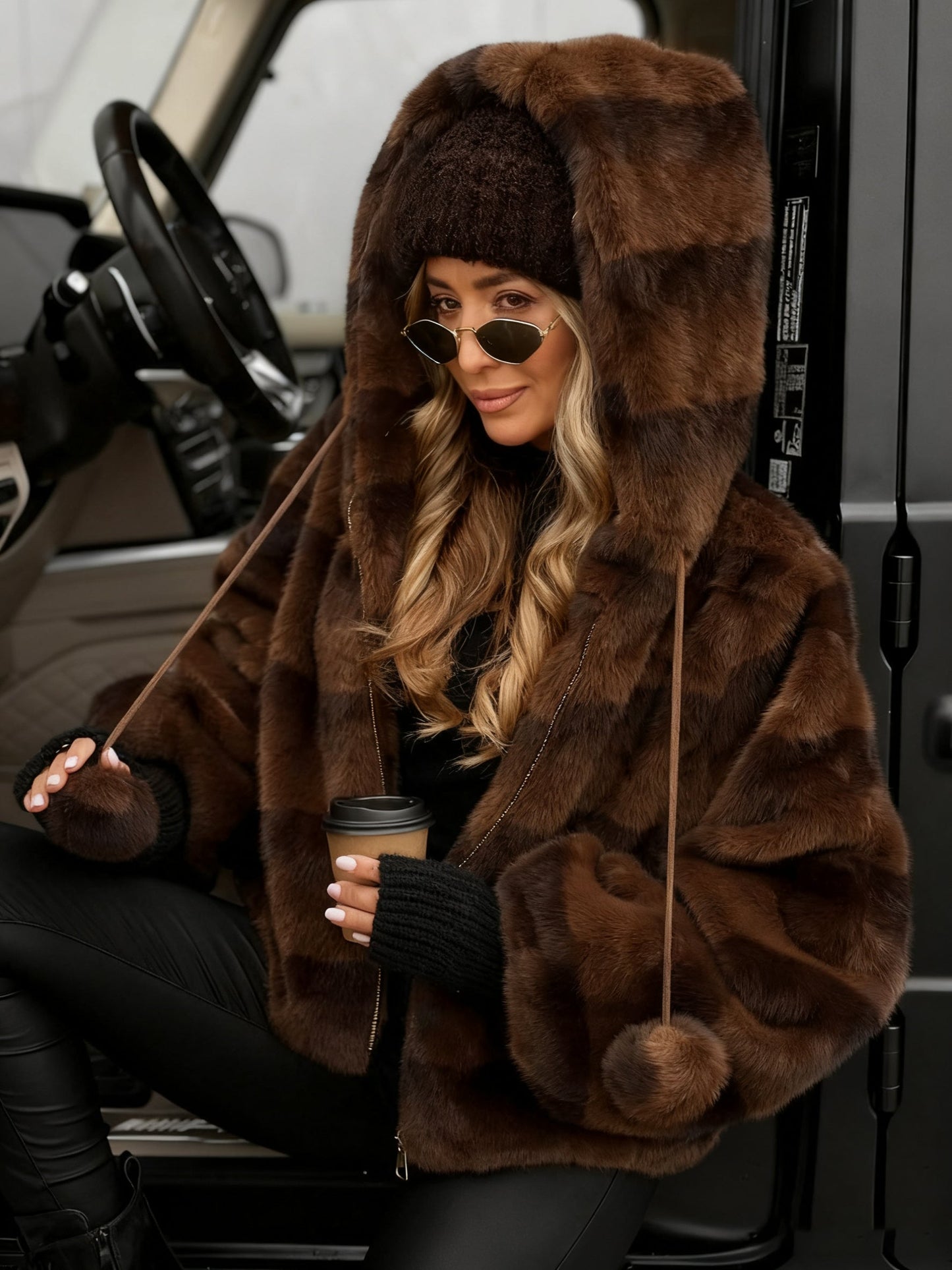 Hooded Drawstring Plush Ball Coat