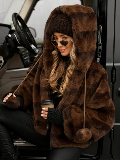 Hooded Drawstring Plush Ball Coat