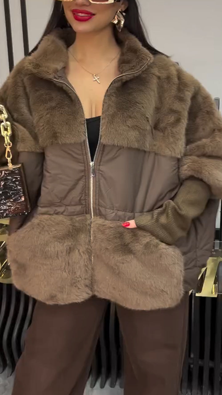 Lapel Stitching Plush Coat