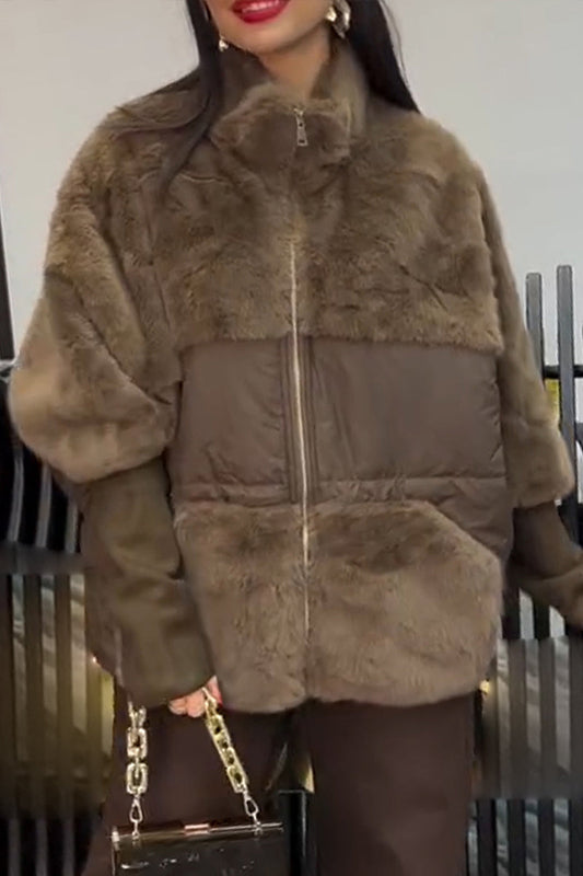 Lapel Stitching Plush Coat