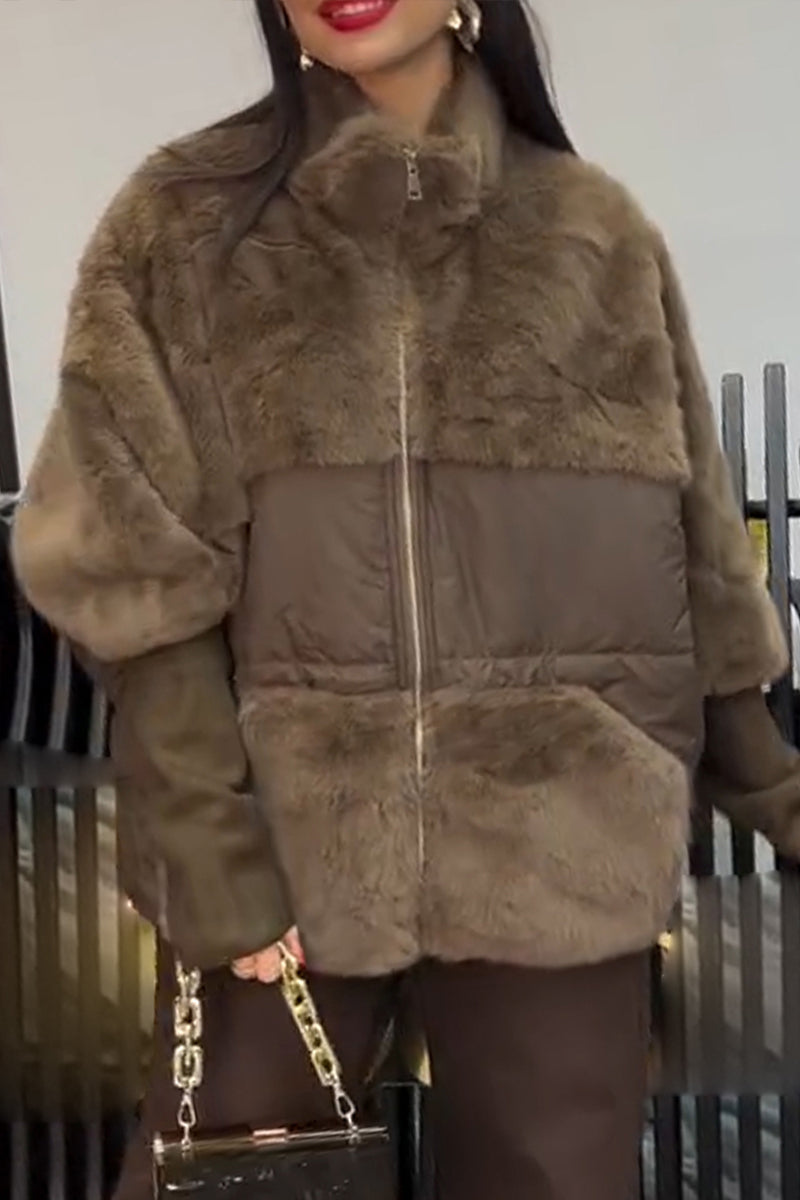 Lapel Stitching Plush Coat