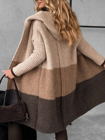 Hooded Knitted Contrasting Coat