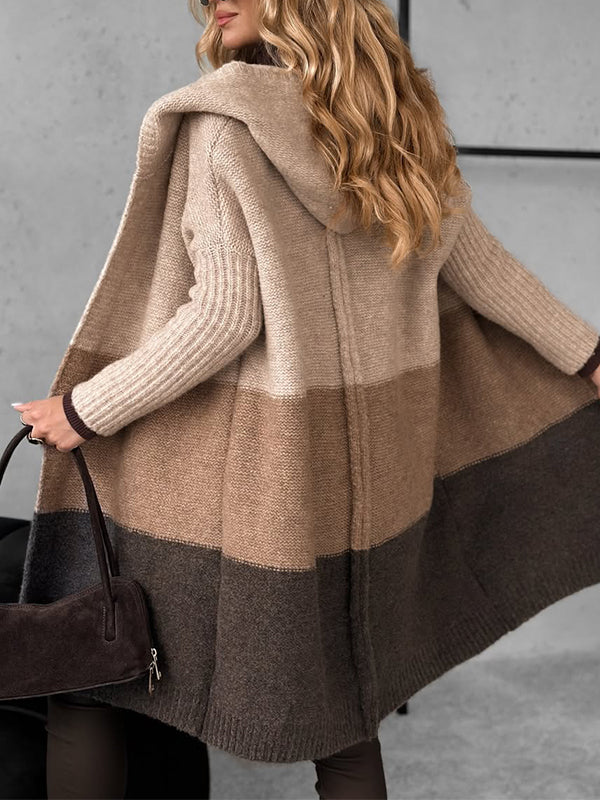 Hooded Knitted Contrasting Coat