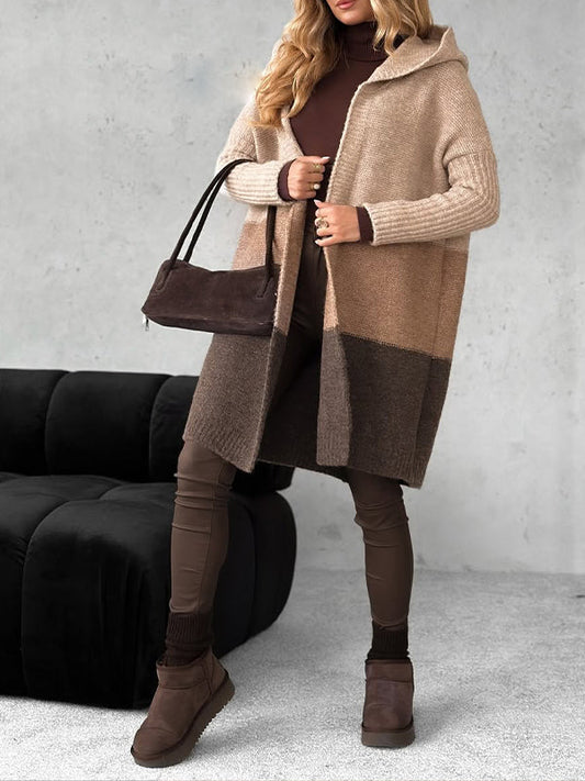 Hooded Knitted Contrasting Coat