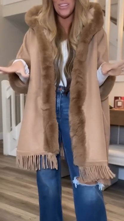 Fur Collar Hooded Tassel Coat