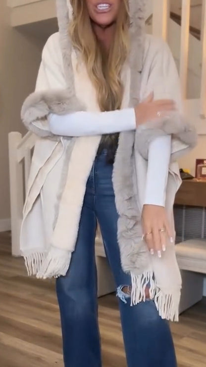 Fur Collar Hooded Tassel Coat