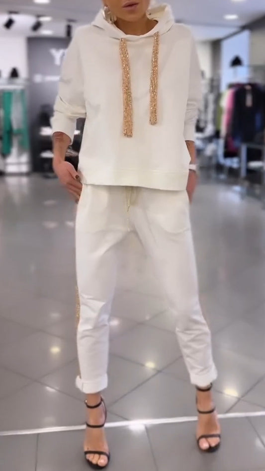Hooded Drawstring Sweatshirt + Pants Suit