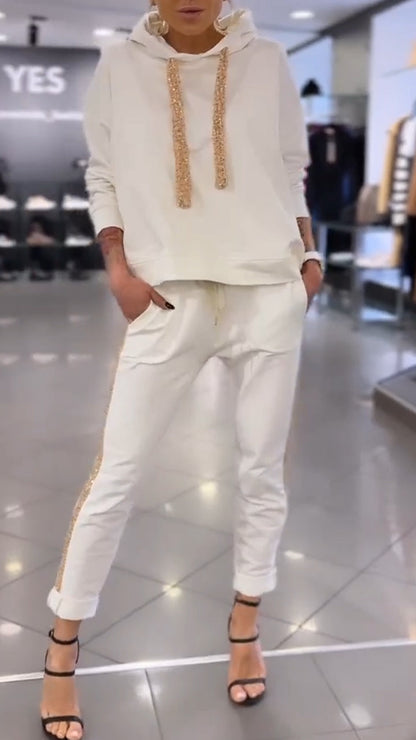 Hooded Drawstring Sweatshirt + Pants Suit