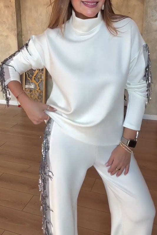 High Neck Long Sleeve Sequined Tassel Splicing Top + Pants Suit