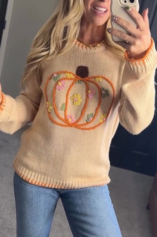 Crew Neck Knitted Embroidered Thanksgiving Sweater