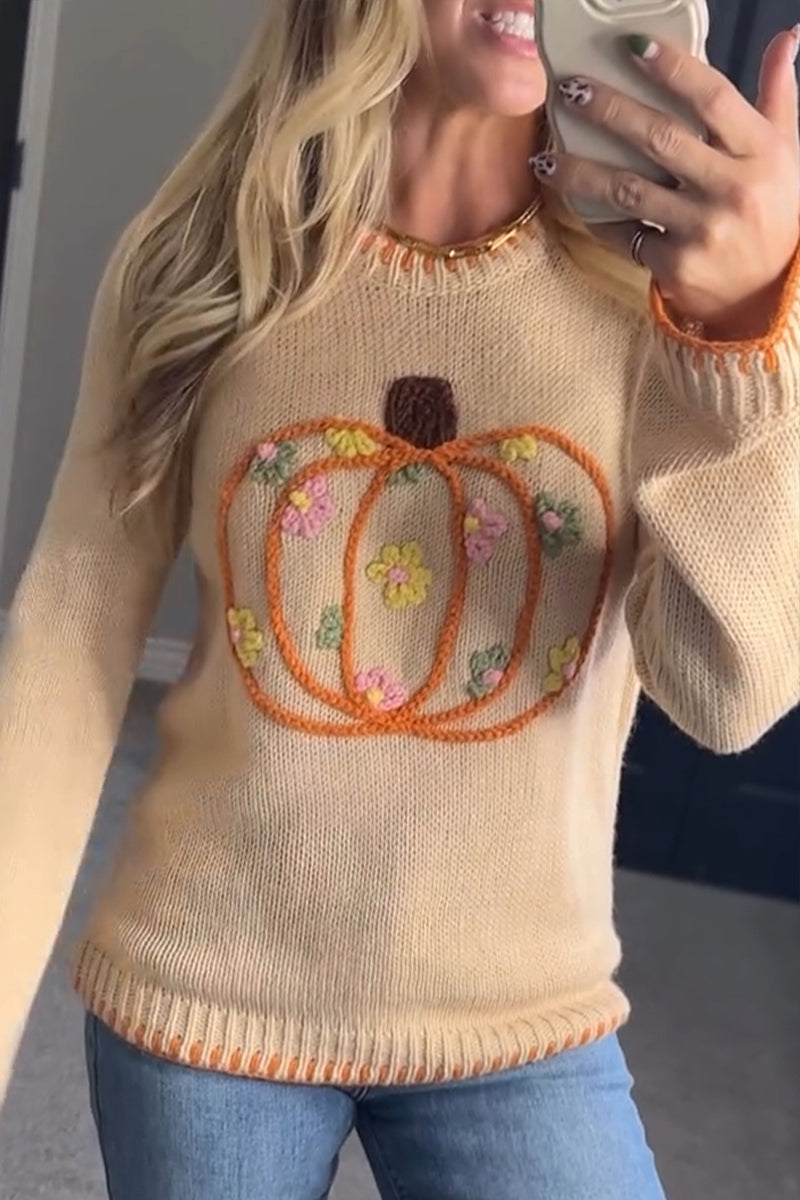 Crew Neck Knitted Embroidered Thanksgiving Sweater