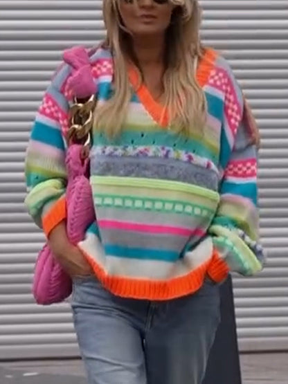 V-neck Colorful Knitted Sweater