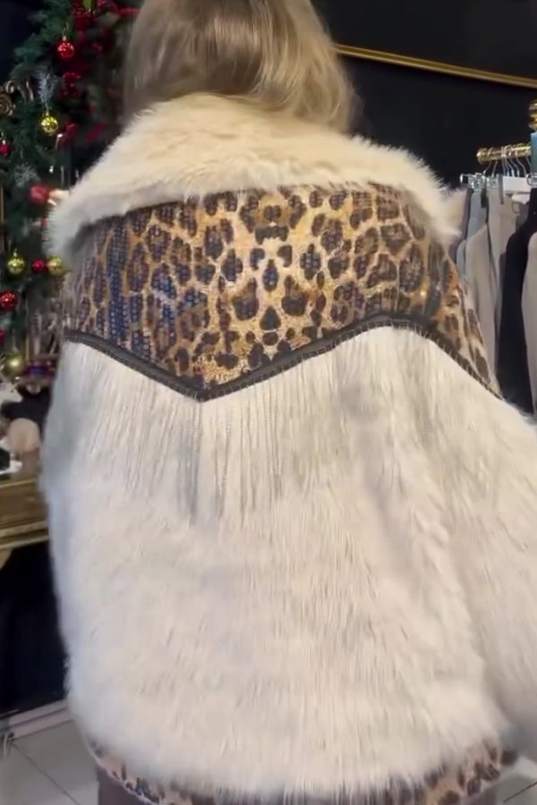 Party Plush Large Lapel Leopard Print Sequined Tassel Warm Coat