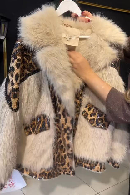 Party Plush Large Lapel Leopard Print Sequined Tassel Warm Coat