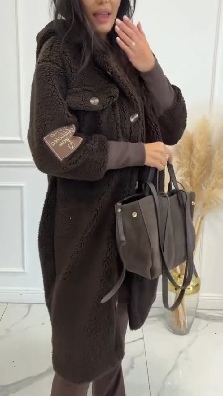 Hooded Buttoned Plush Coat