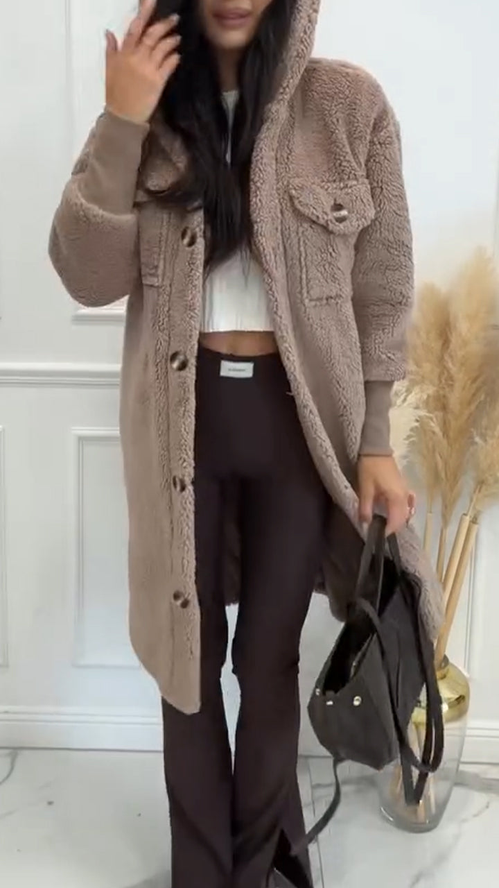 Hooded Buttoned Plush Coat