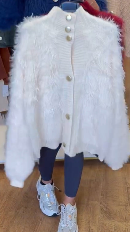 Round-neck Buttoned Plush Coat
