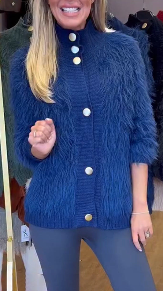 Round-neck Buttoned Plush Coat