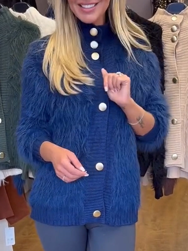 Round-neck Buttoned Plush Coat