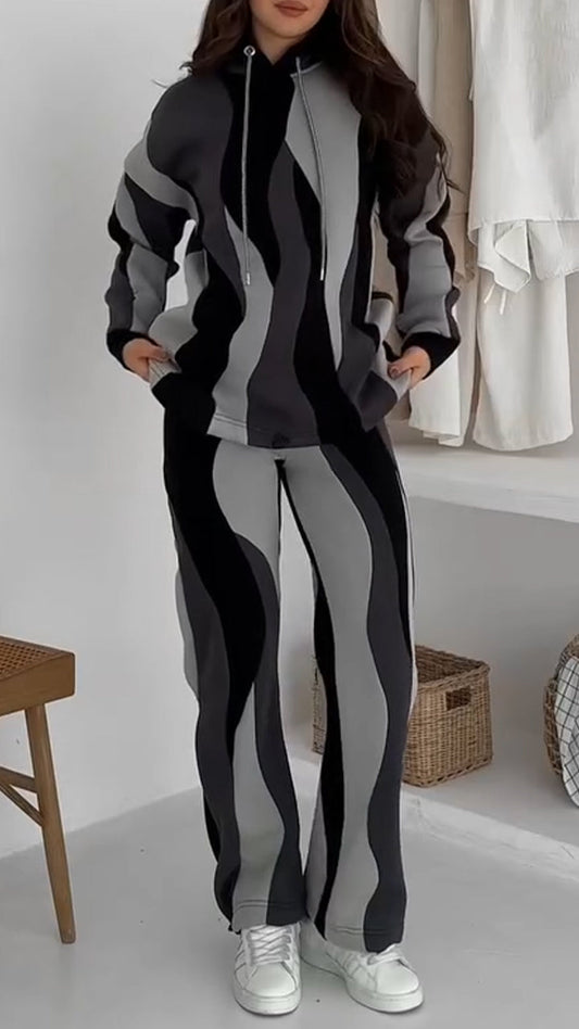 Hooded Drawstring Wave Pattern Sweatshirt + Pants Set
