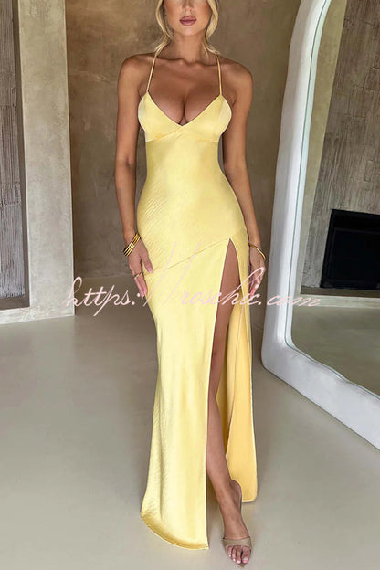 Satin Color Backless Lace Up High Slit Maxi Dress