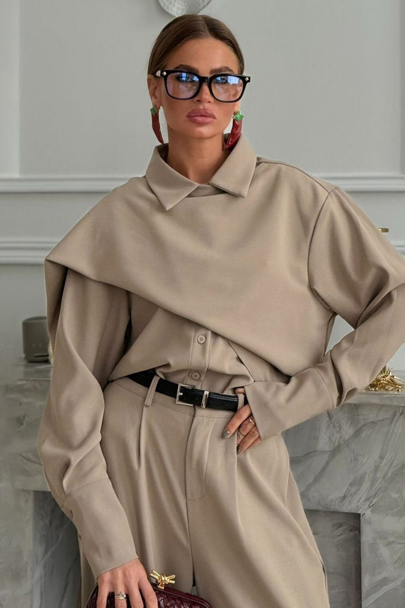 Lapel Scarf Top & Wide Leg Pants Two Piece Set