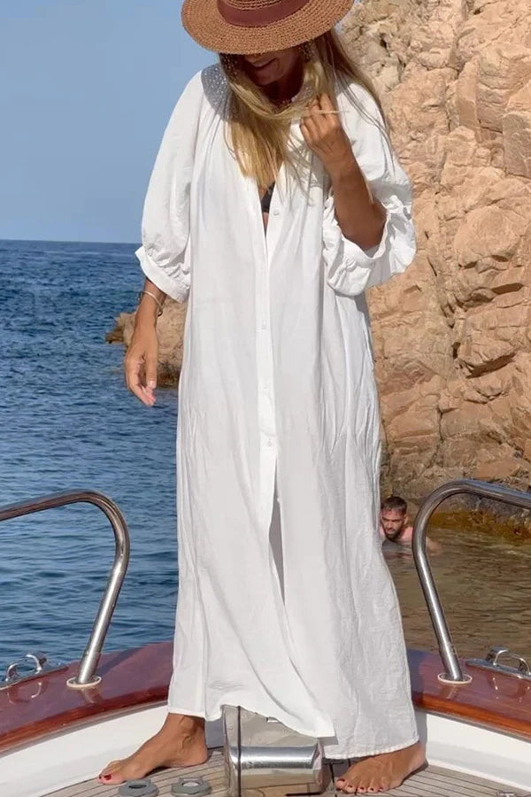 Take a Relax Balloon Sleeve Button Pocketed Loose Shirt Maxi Dress