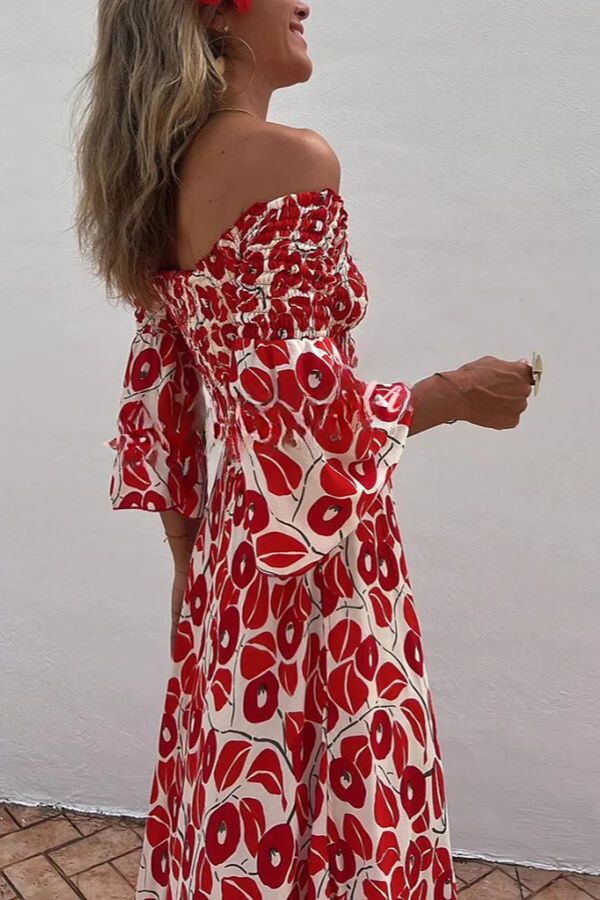 Close to the Vacation Print Smocked Off Shoulder Pocketed Maxi Dress