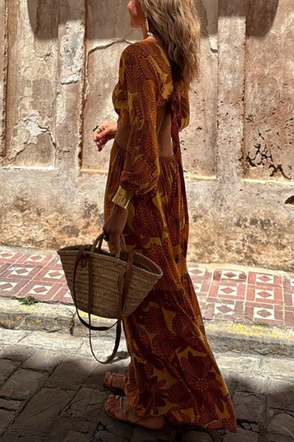 Sunflower Print Ring Cutout Waist Long Sleeve Maxi Dress