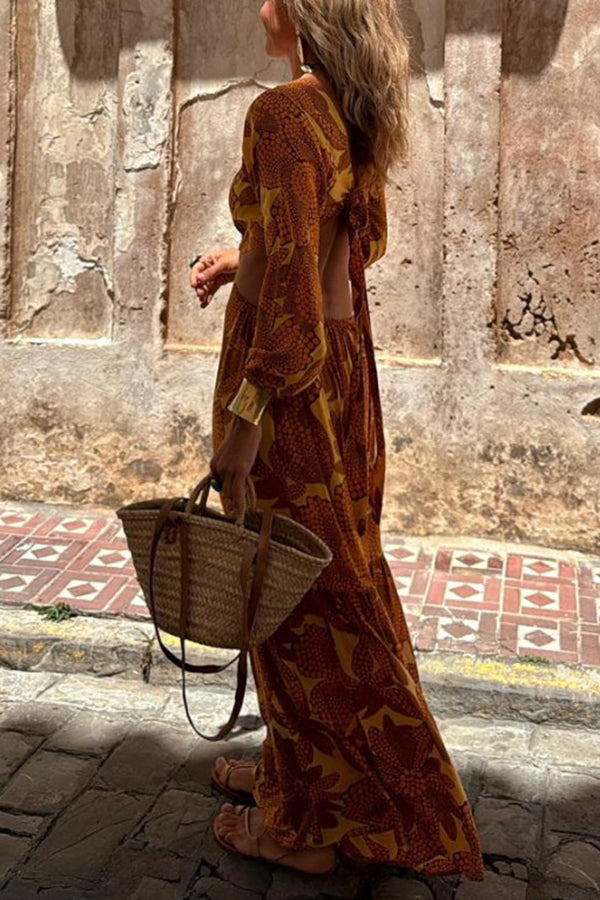 Sunflower Print Ring Cutout Waist Long Sleeve Maxi Dress