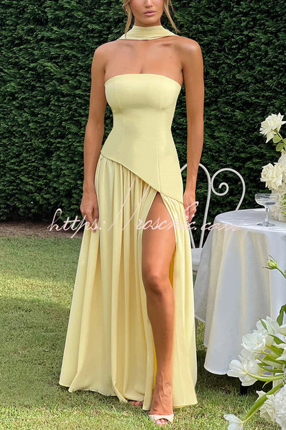 Off Shopulder Chiffon Pleated Hem Scarf Slit Maxi Dress