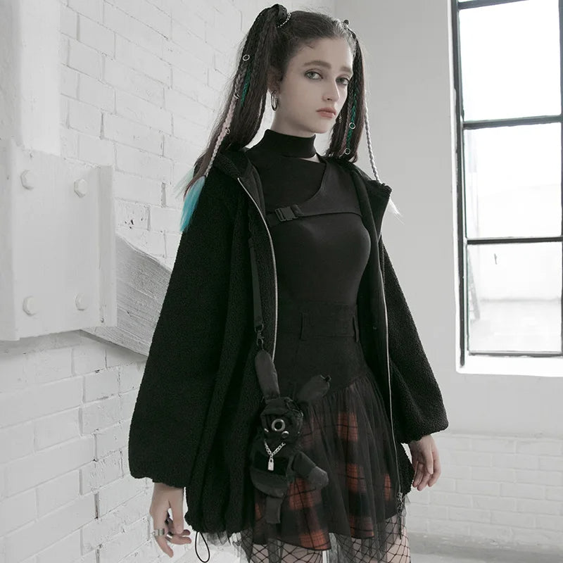 Style Mesh Stitched Plaid Warm High-waisted Fluffy Daily Thick Personality Mini Skirt