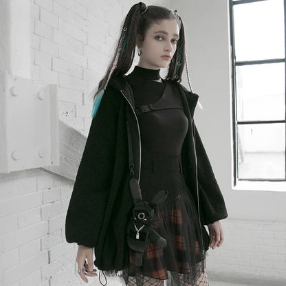 Style Mesh Stitched Plaid Warm High-waisted Fluffy Daily Thick Personality Mini Skirt