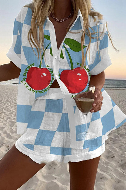 Plaid Cherry Print Loose Button Elastic Waist Shorts Set