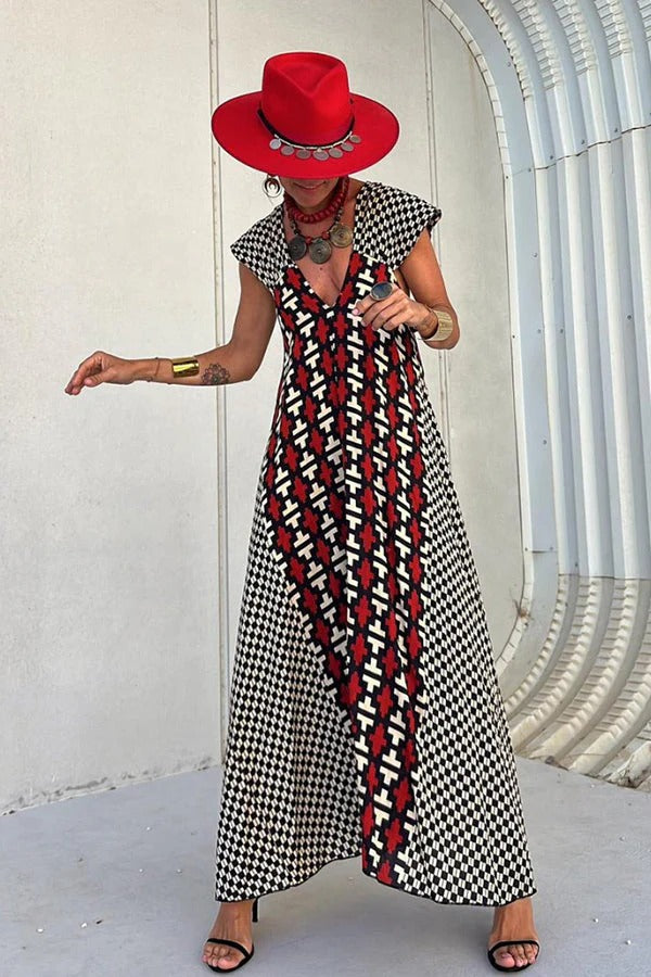 Fresh Breeze Unique Print Ruffle Sleeve A-line Maxi Dress