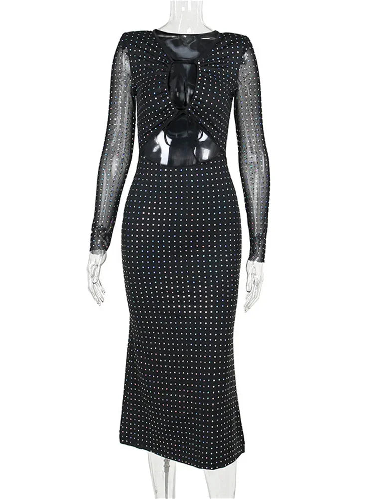 Glitter Hollow Out See-through Maxi Dress Female Lace-up Club High Waist Patchwork Sparkle Bandage Long Dress
