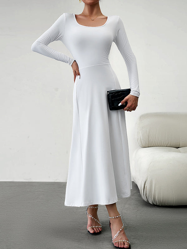 A-line High Waisted Color Tied Waist U-neck Midi Dresses