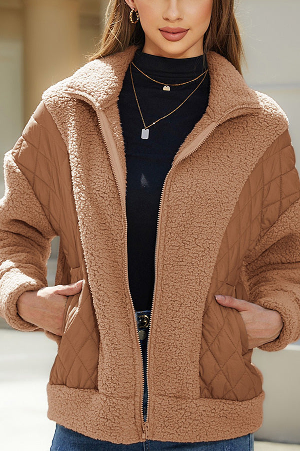 Long Sleeve Cardigan Zipper Plush Patchwork Jacket