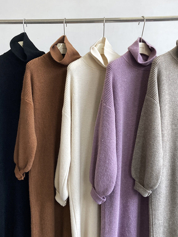 Urban Loose Purple High-neck Long Puff Sleeve Sweater Dress An1052