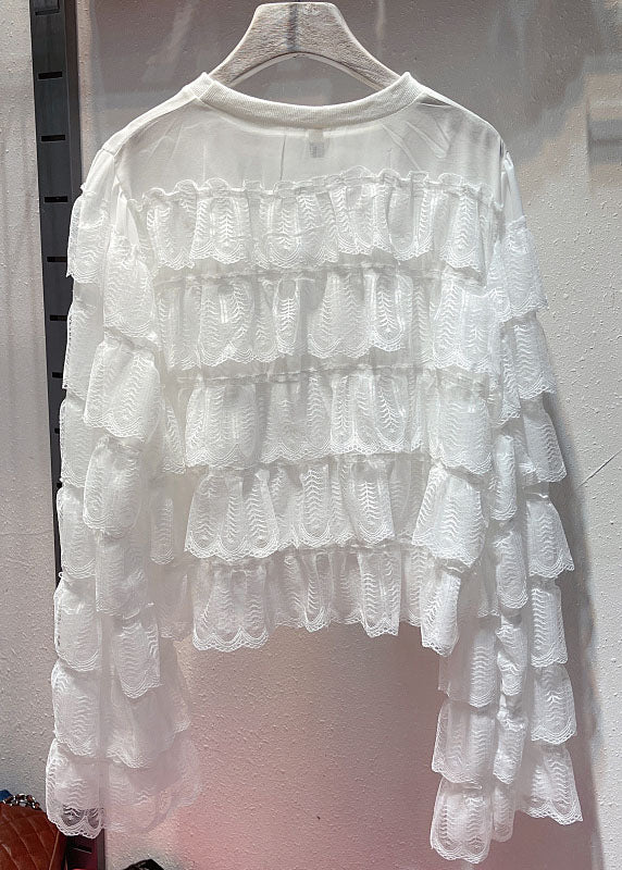 White O Neck Ruffled Layered Patchwork Lace Blouses Long Sleeve