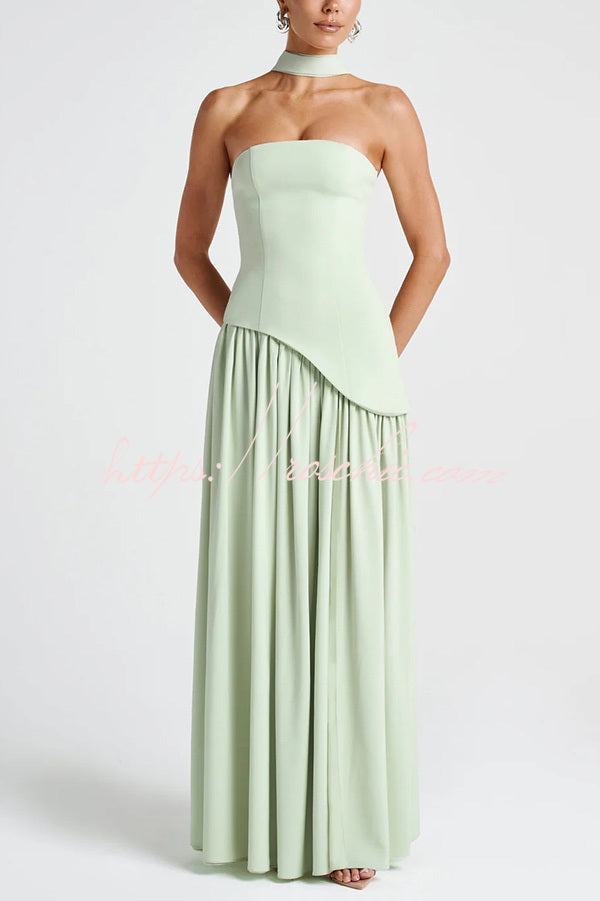 Off Shopulder Chiffon Pleated Hem Scarf Slit Maxi Dress
