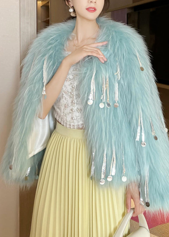 Pink O-neck Tassel Leather and Fur Coats Winter Wv032