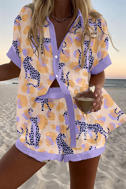 Snow Leopard Print Loose Button Elastic Waist Shorts Set