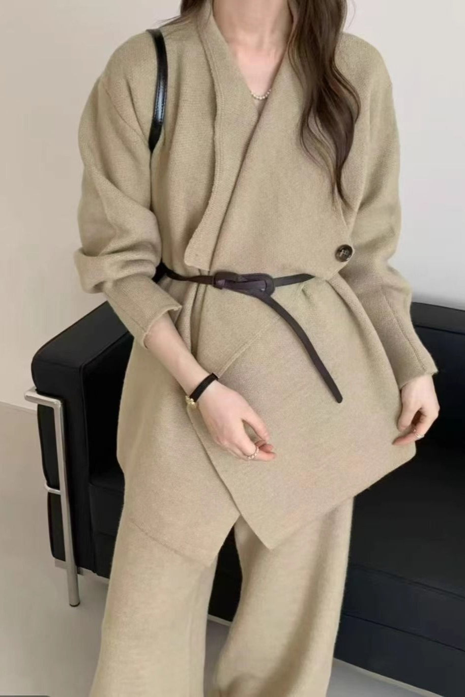 Loose Knit Big Collar Coat Wide-leg Pants Two Piece Set