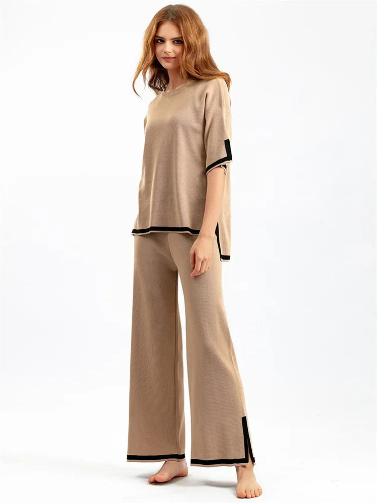Contrast Knit Trousers 2 Piece-set Female Slim Patchwork Loose Pullover and Wide Leg ’s Pants Sets