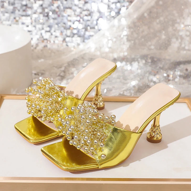 Liyke Design Pearl Slippers Sandals Leather Square Toe Mules Heels Summer Beach Party Dress Shoes Size 36-42