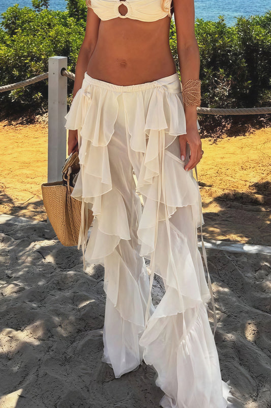 Lace Up Spliced Ruffle Flare Pants