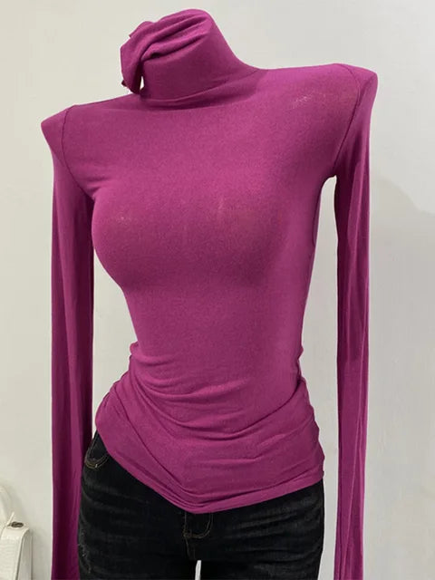 Thin Soft American Long Sleeve T-shirt High Stacked Neck Tight Perspective Bottom Shirt ’s Slim Fit Tops